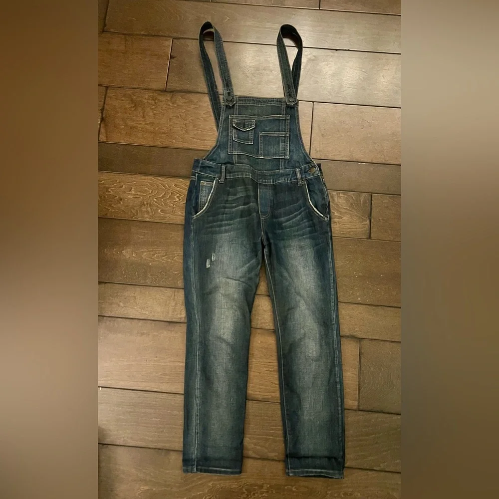 Free People Blue Denim Overalls with Adjustable Straps and Distressed Look - Picture 2 of 5
